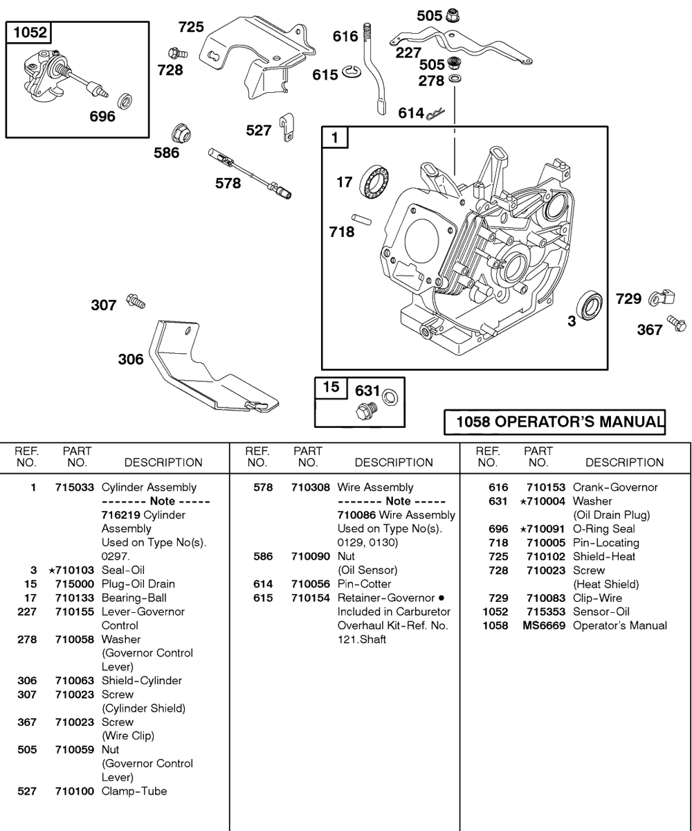Cylinder, Oil Sensor Group Diagram and Parts List for 85432-0235-A1  Briggs and Stratton Engine